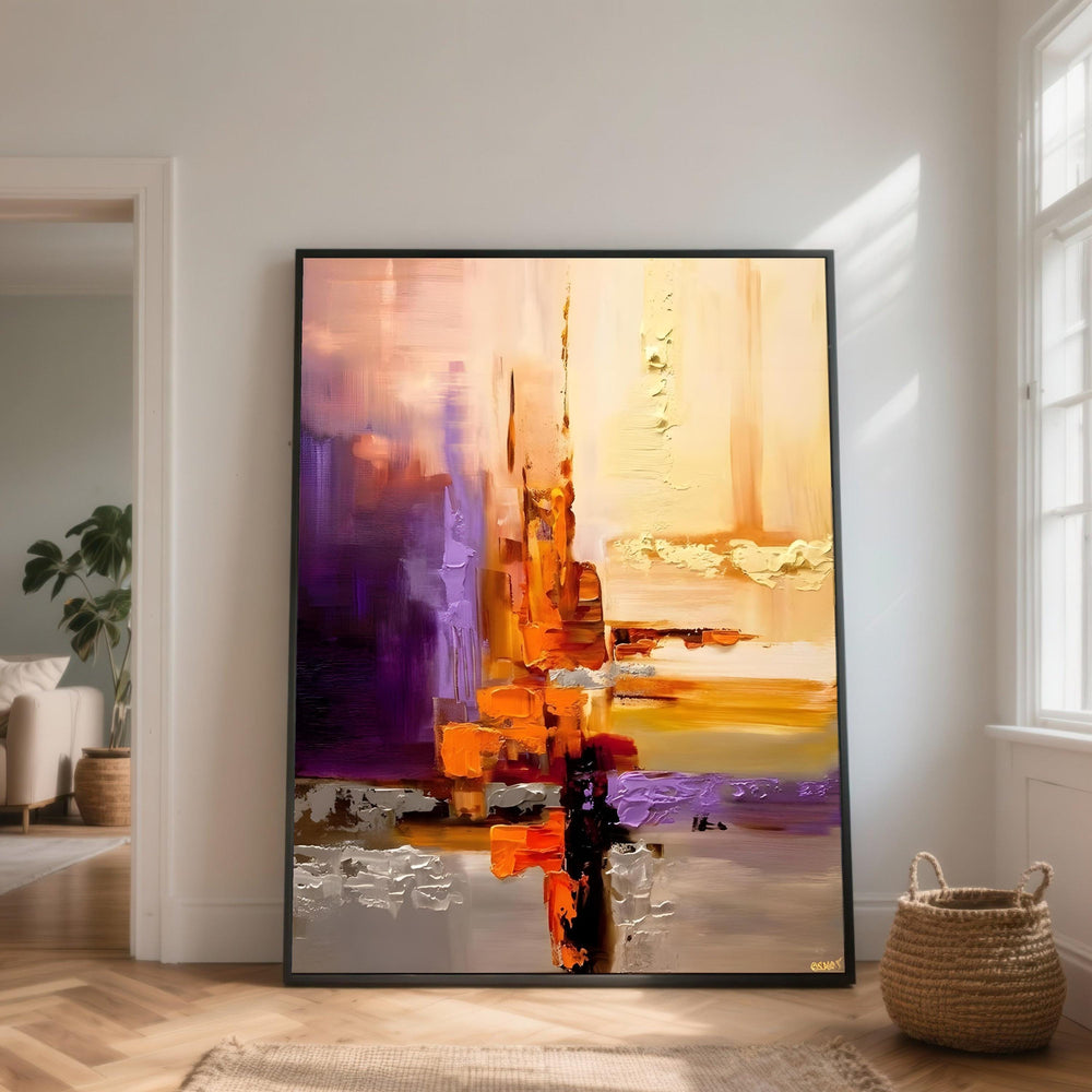 Orange and Purple Abstract Canvas Painting, Thick Paint Strokes