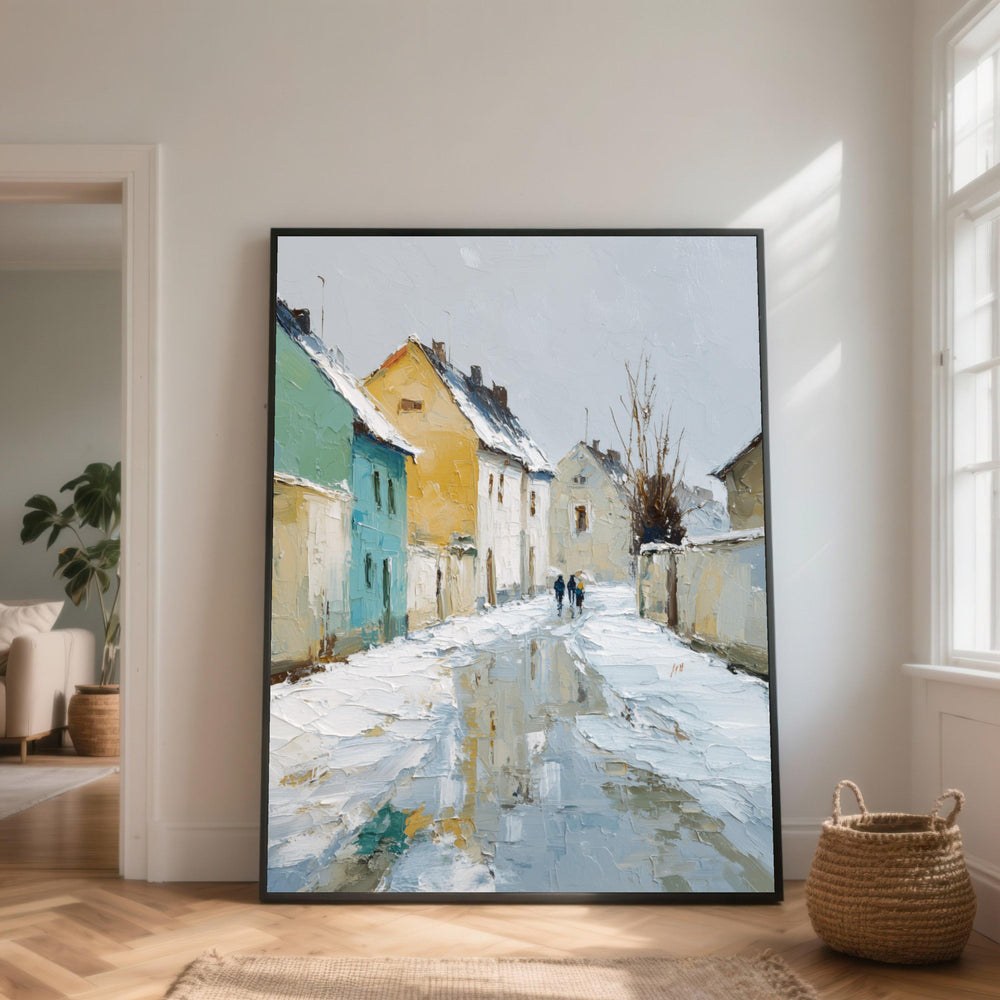 Snowy European Village Canvas Art, Winter Street Scene