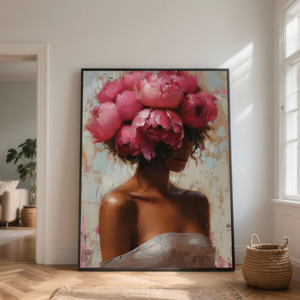 Pink Peony Woman Portrait, Modern Canvas Wall Art