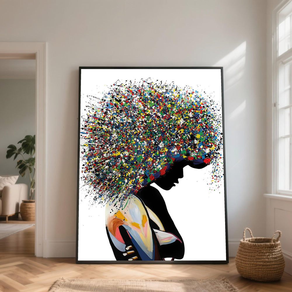 Abstract Afro Woman Canvas, Colorful Hair Splash Art, Modern Wall Decor