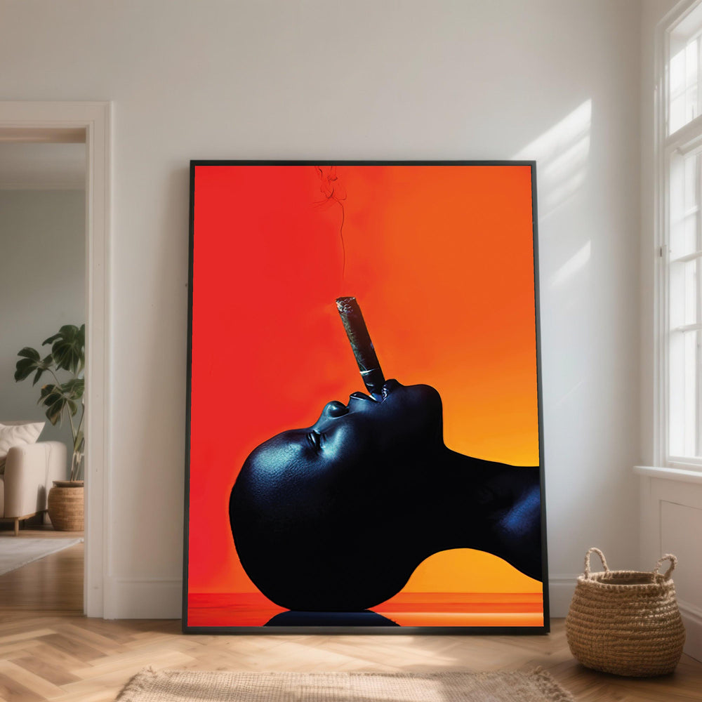 Bold Profile Silhouette with Cigar Canvas, Modern Art Wall Décor, Vibrant Orange Background, Contemporary Home Decoration, Statement Canvas