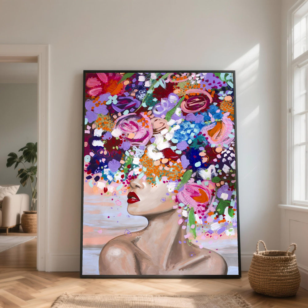 Floral Woman Portrait Canvas, Colorful Modern Art Print