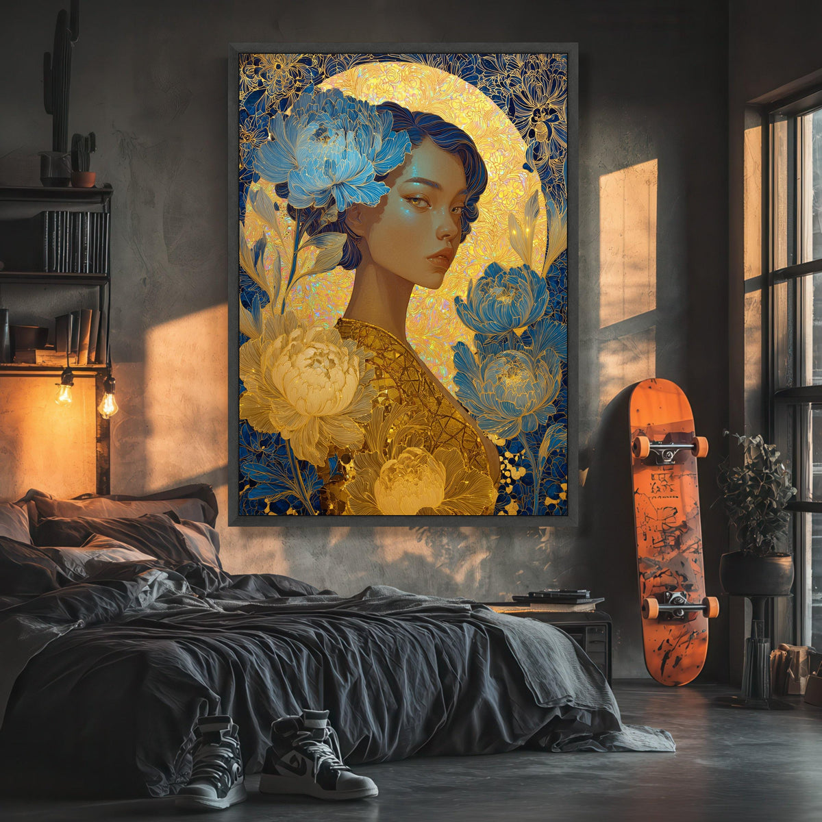 Elegant Woman Portrait Canvas, Blue & Gold Floral Wall Art