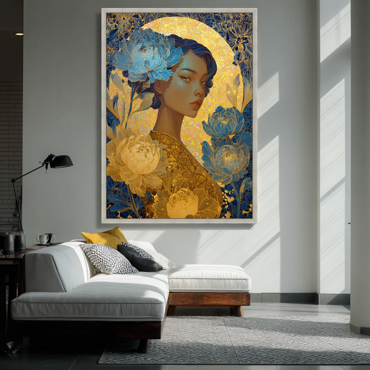 Elegant Woman Portrait Canvas, Blue & Gold Floral Wall Art