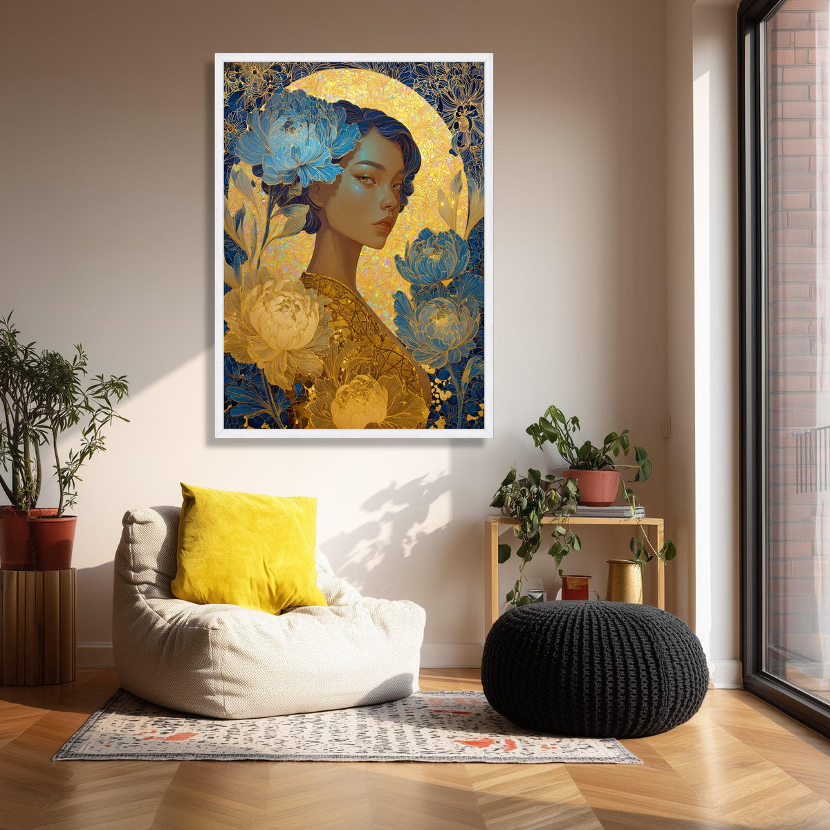 Elegant Woman Portrait Canvas, Blue & Gold Floral Wall Art