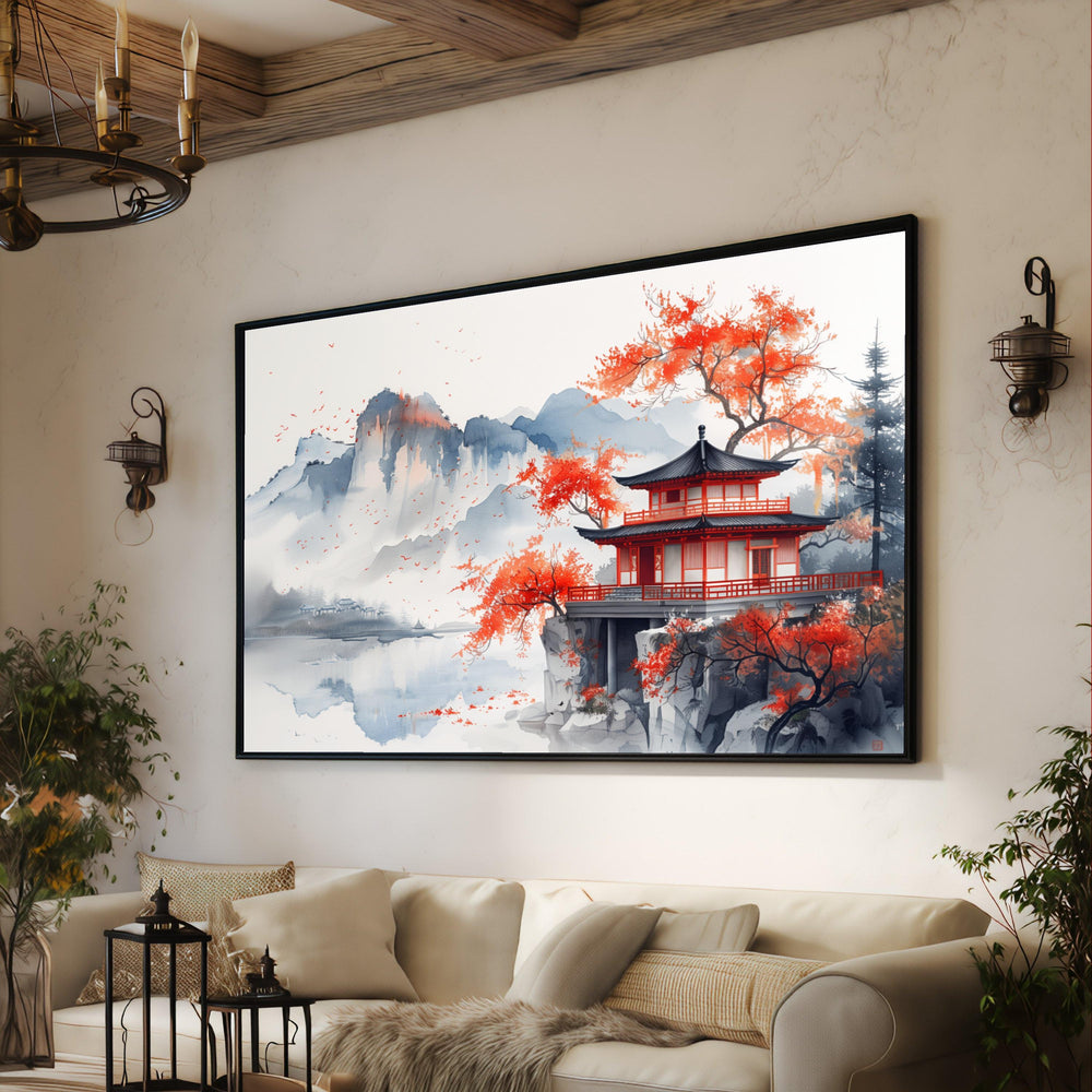 Japanese Pagoda Canvas, Autumn Red Trees, Serene Asian Landscape Art