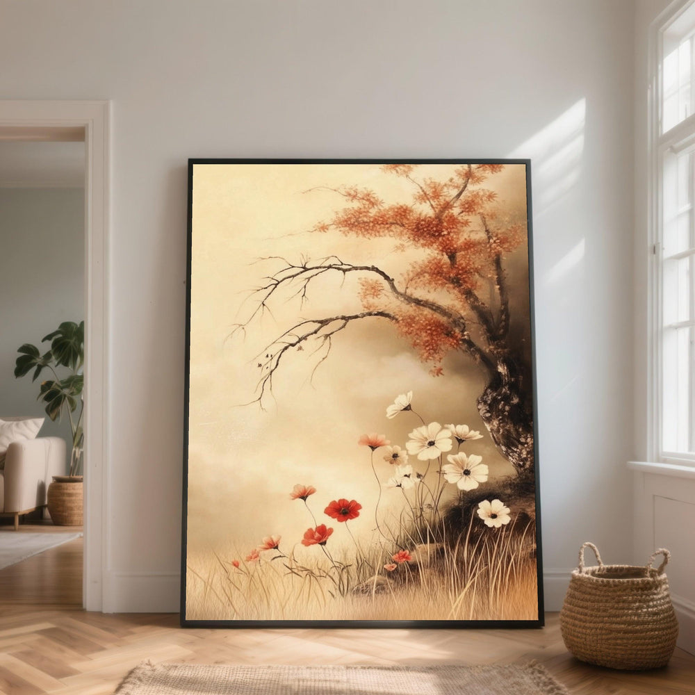Autumn Floral Canvas, Vintage Landscape Painting, Rustic Home Decor