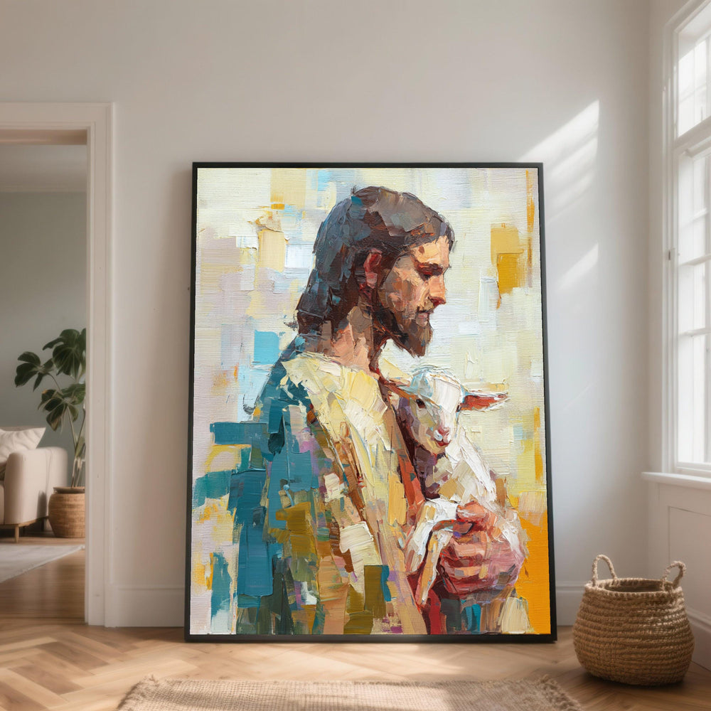 Gentle Shepherd Canvas, Jesus Holding Lamb, Religious Wall Art, Spiritual Christian Home Decor Print