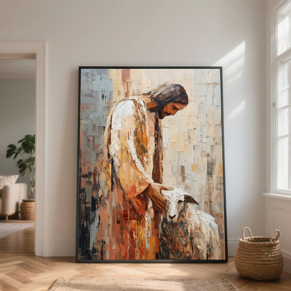 Jesus with Lamb Canvas Art, Spiritual Christian Painting, Home Decor