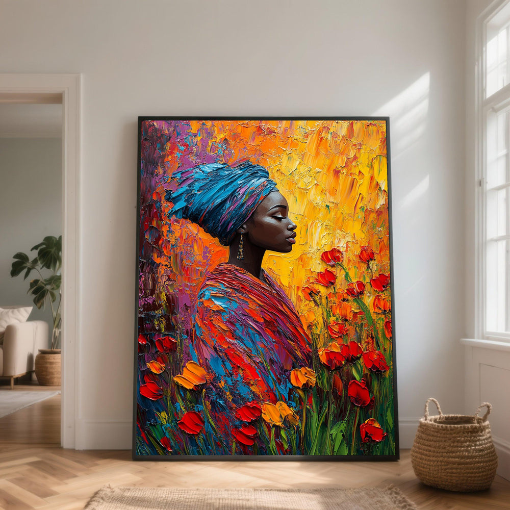 Vibrant Woman Portrait Canvas Print, Abstract Floral African Art