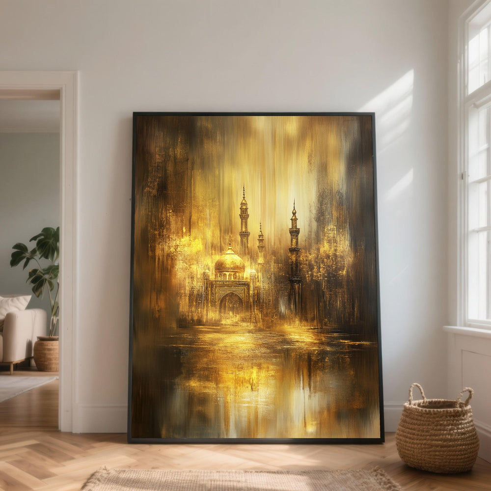 Golden Mosque Abstract Canvas Print, Islamic Architecture Art