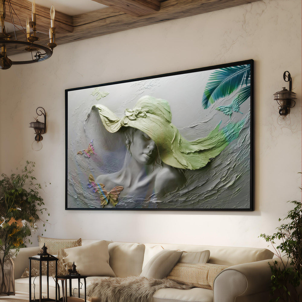 Elegant Woman Canvas Print, Large Hat, Butterfly Wall Art