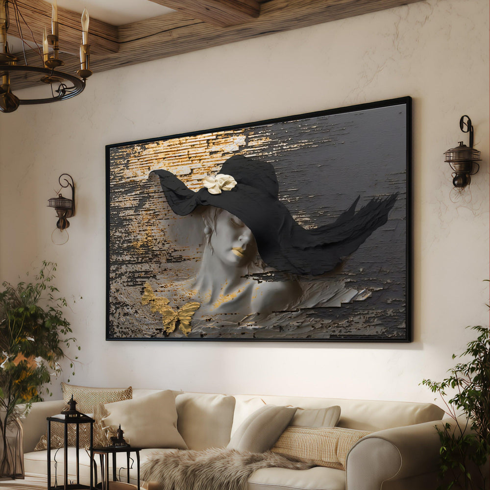 Elegant Woman Sculpture Canvas, Black Hat, Gold Accents