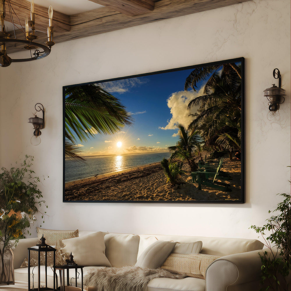 Tropical Beach Sunset Canvas Print, Palm Silhouette Coastal Wall Art