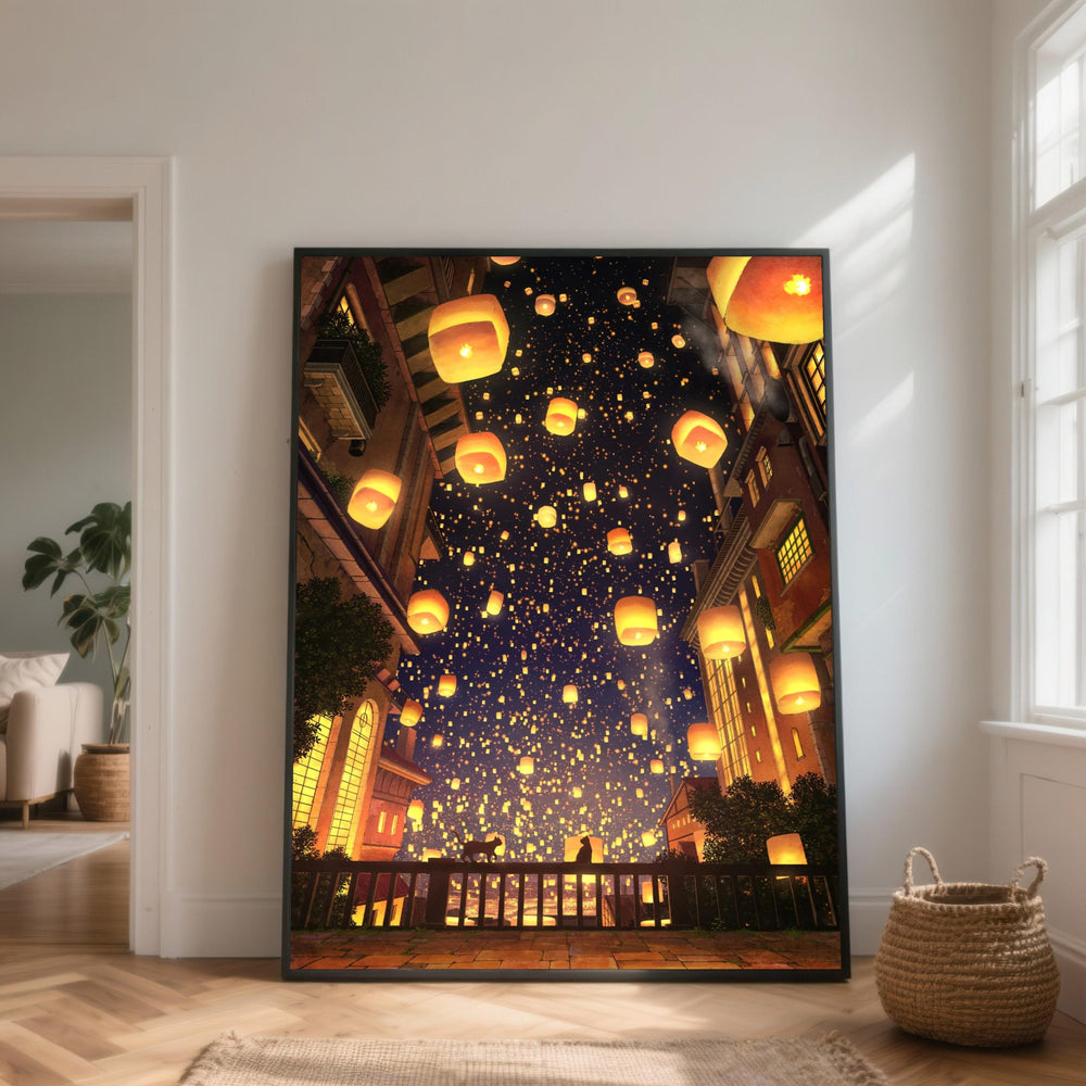 Glowing Sky Lanterns Canvas, Romantic Night Scene Wall Art