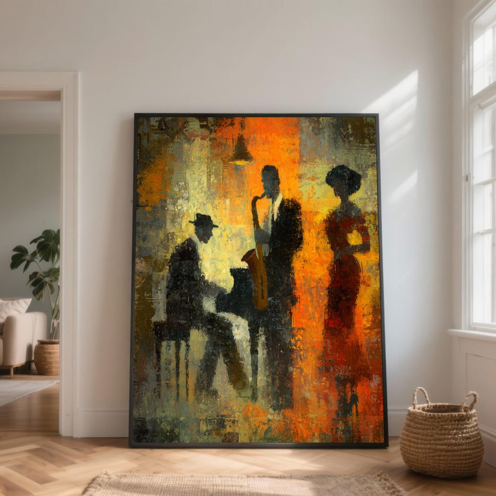 Jazz Night Vibes Canvas Wall Art, Abstract Music Scene, Saxophone and Piano Players, Vintage Style Home Decor, Colorful Artistic Canvas