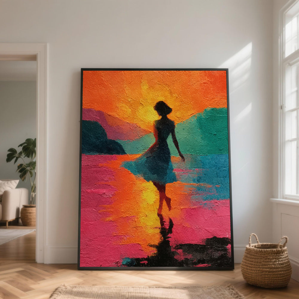 Sunset Dance Canvas Print, Abstract Woman Silhouette, Modern Wall Art