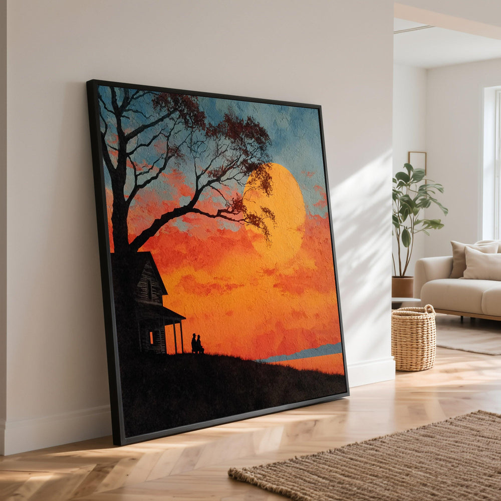 Rustic Sunset Silhouette Canvas, Countryside Home Wall Art, Romantic Evening Landscape, Large Moon Canvas Decor, Cozy Nature Scene Painting