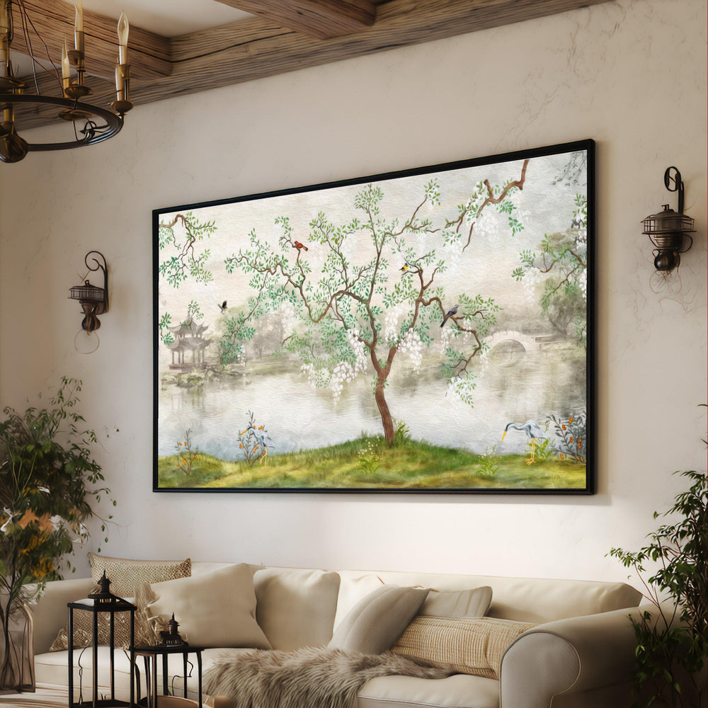 Japanese Garden Canvas, Blossom Tree and Birds, Serene Landscape Art