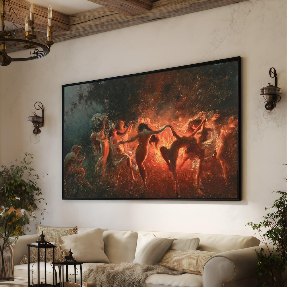 Dancing Nymphs Canvas, Mythical Bonfire Scene, Fantasy Art