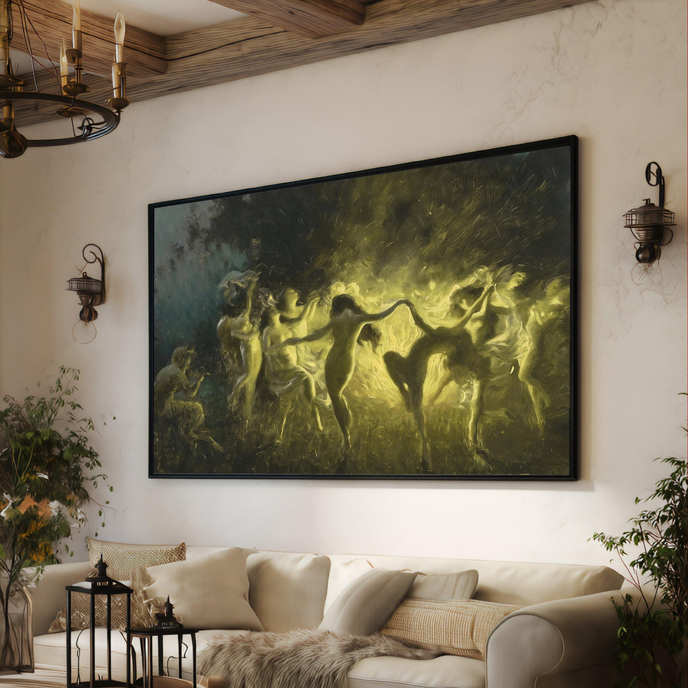 Mystical Firelight Dance Canvas, Ethereal Nude Figures Art, Magical Night Scene Wall Decor, Fantasy Canvas Painting, Enchanted Forest
