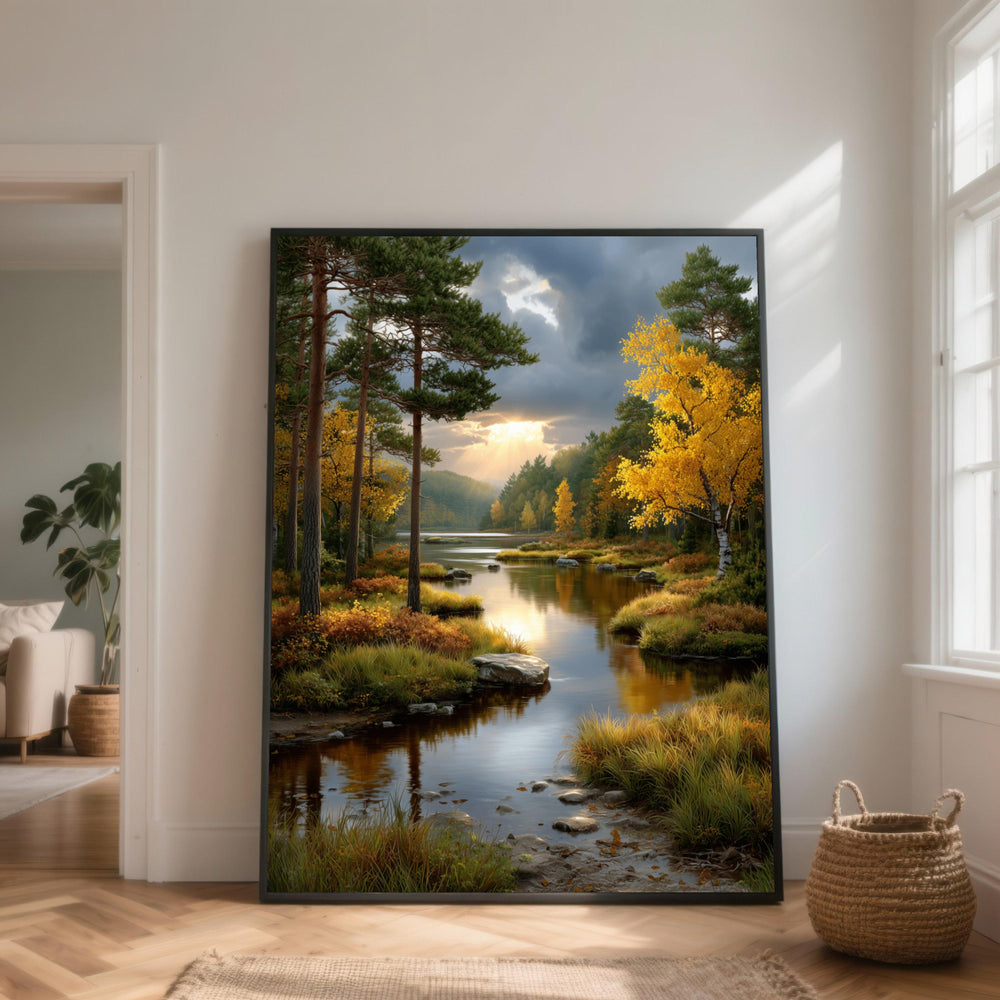 Autumn River Canvas Art, Golden Forest Sunset, Tranquil Landscape