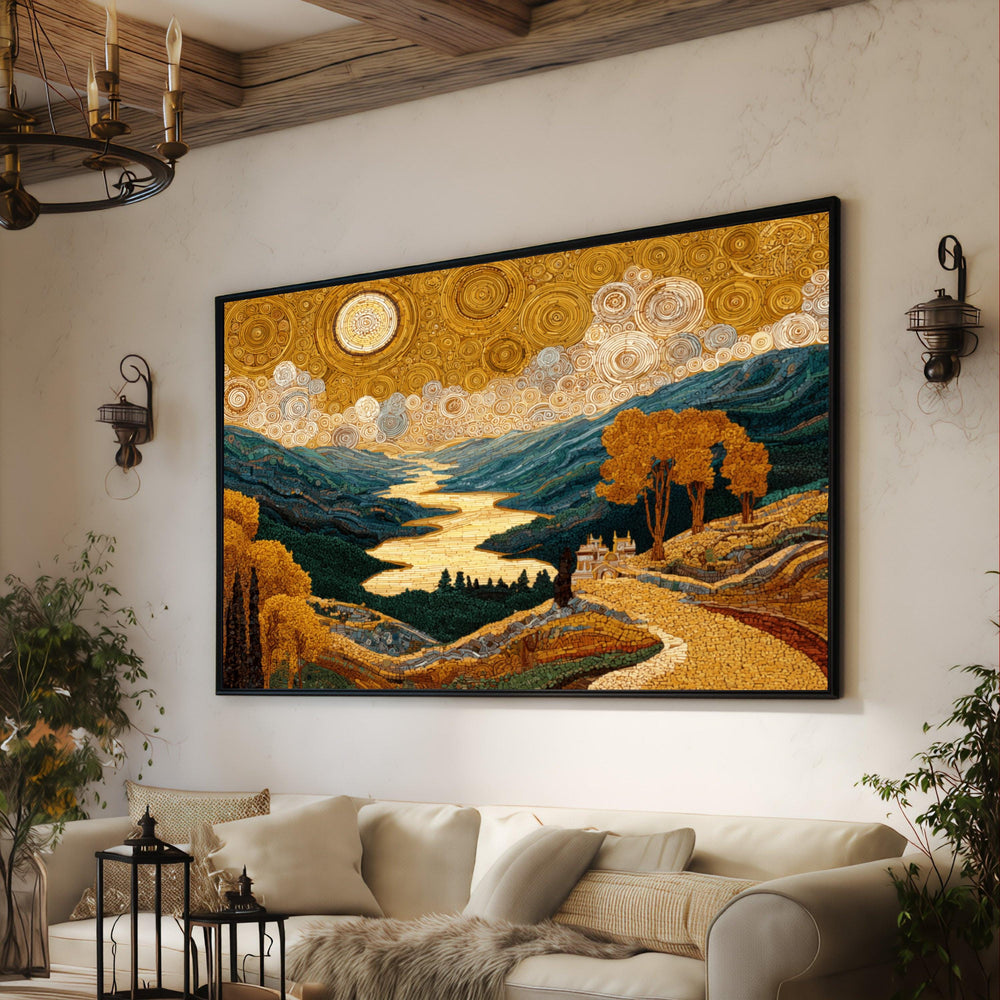 Golden River Mosaic Canvas, Autumn Landscape Wall Art