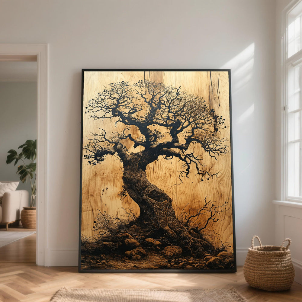 Ancient Tree Canvas Art, Rustic Wood Grain Illustration