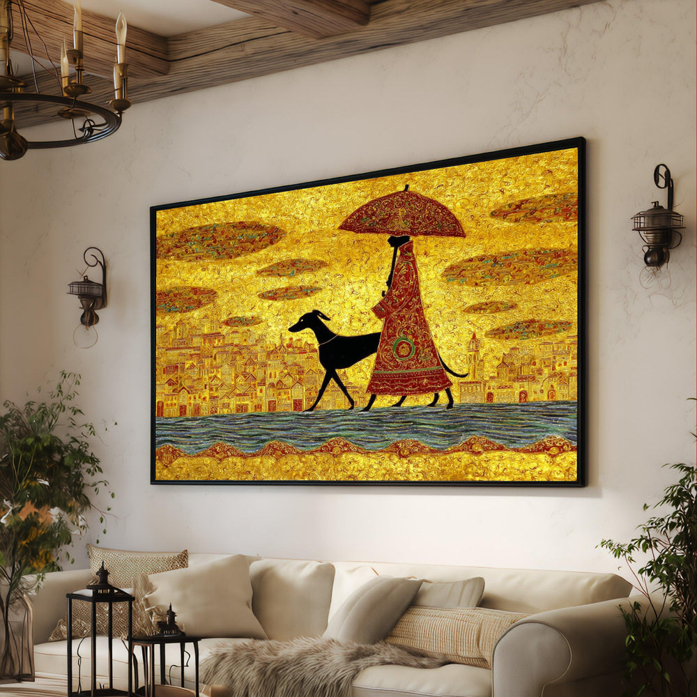Woman with Dog Canvas Art, Gold Cityscape, Decorative Umbrella Print