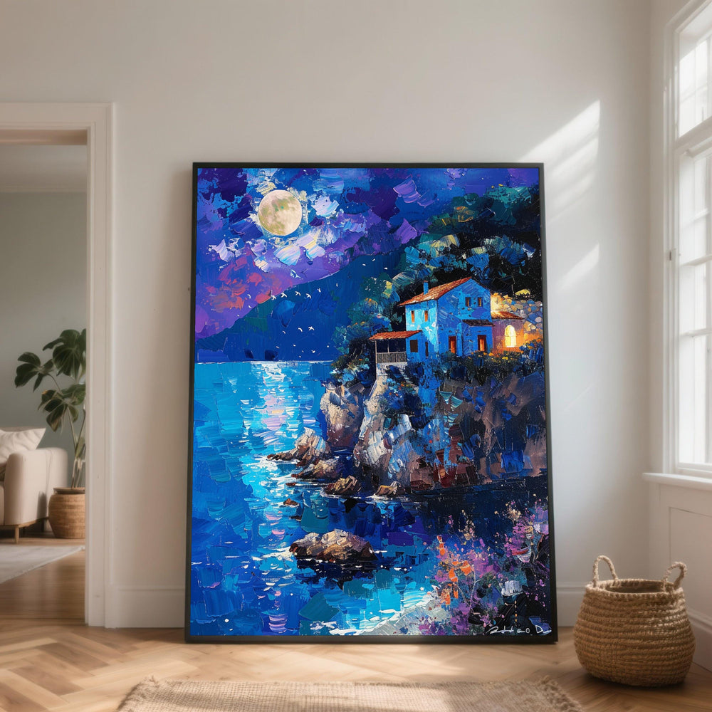 Moonlit Coastal House Canvas Art, Blue Ocean View, Landscape Painting