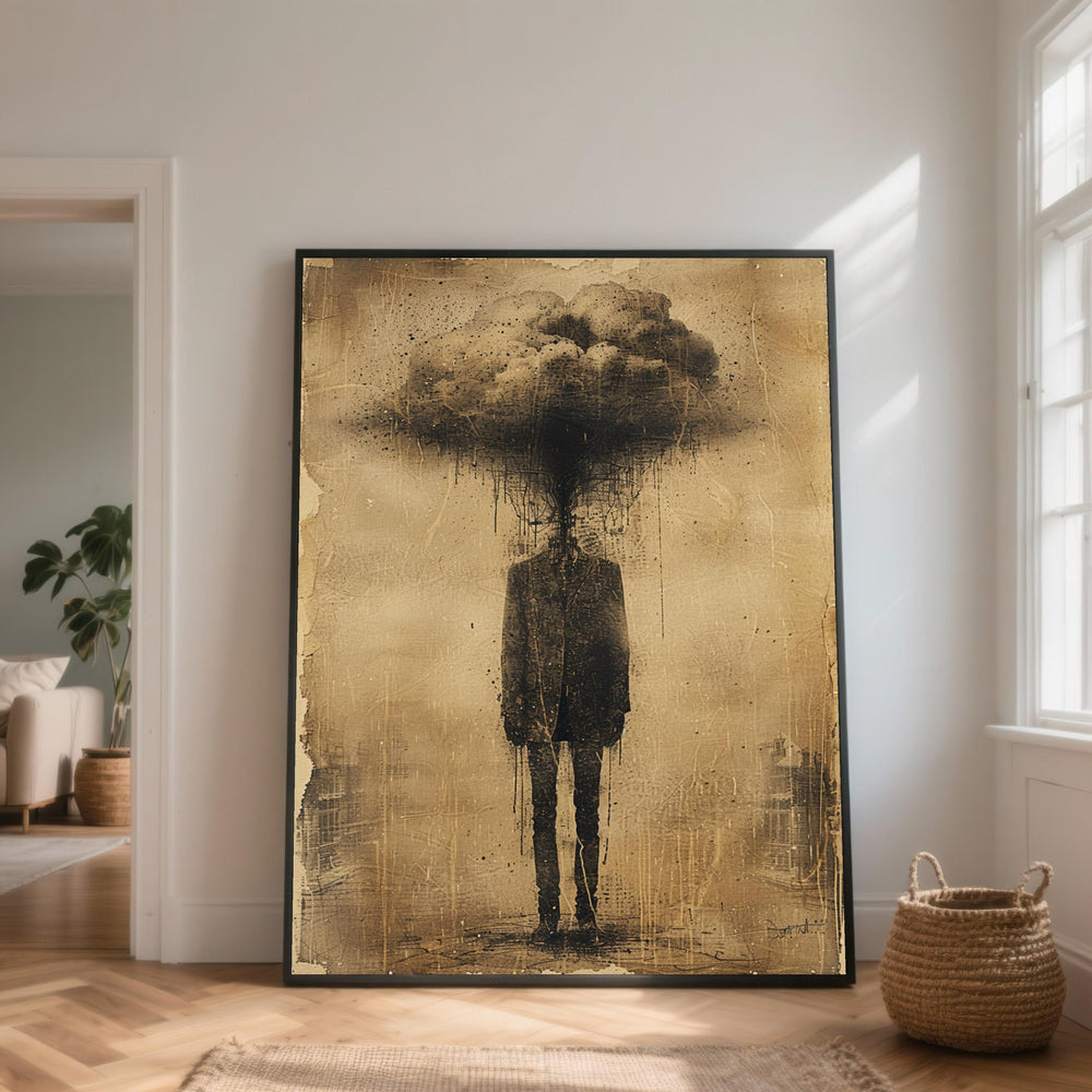 Surreal Man with Cloud Head Canvas Art Print, Moody Ink Painting