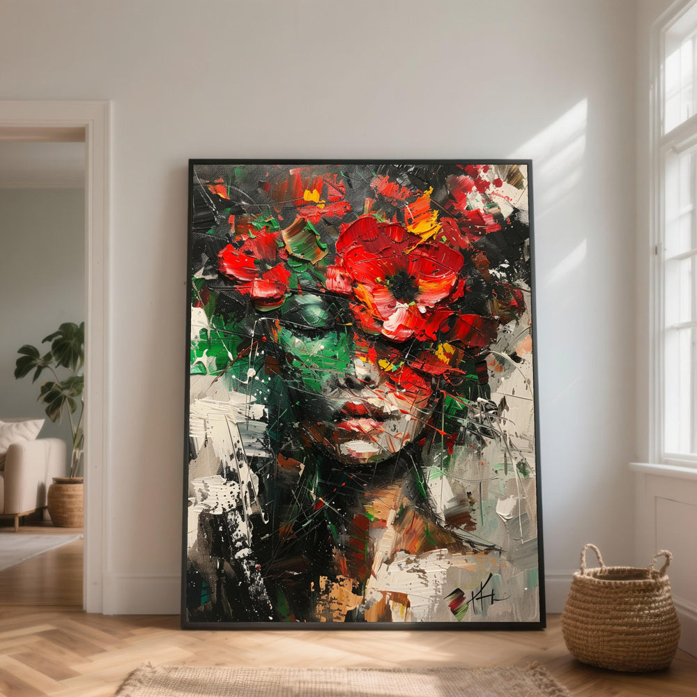 Abstract Woman Portrait Canvas, Red Flower Crown, Modern Wall Art