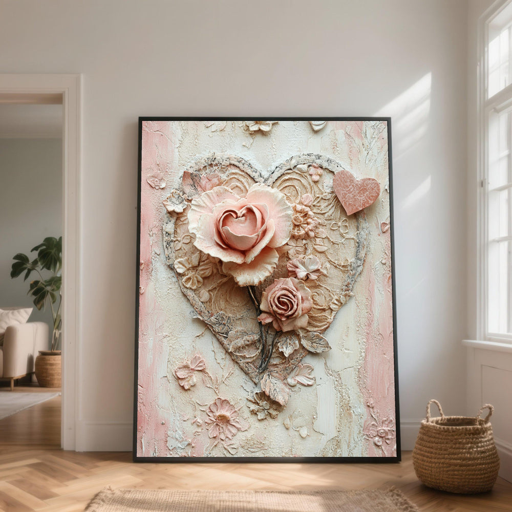 Romantic Heart and Roses Canvas Art, Vintage Floral Home Decor