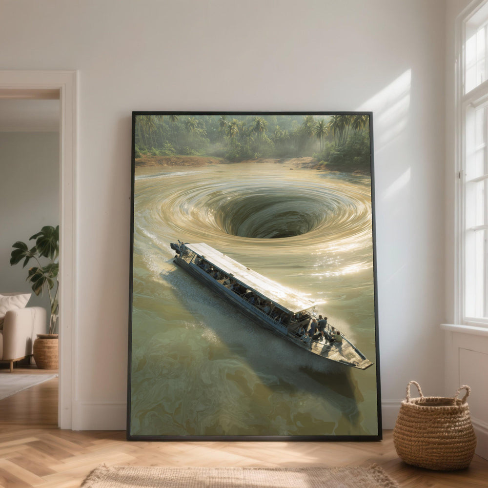 Tropical River Whirlpool Canvas, Adventure Boat, Jungle Landscape Art