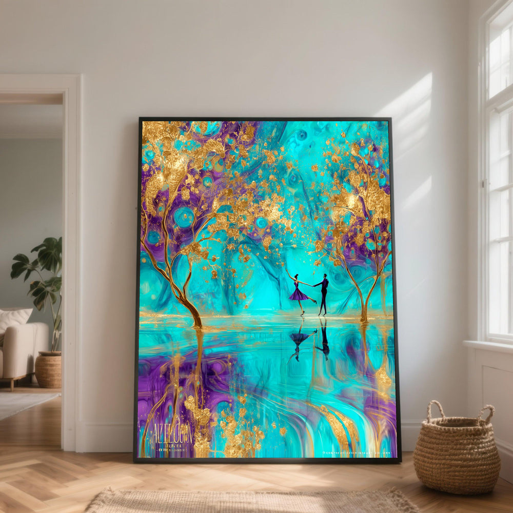 Enchanted Dance Among Golden Trees, Abstract Couple Canvas Wall Art, Vibrant Blue Purple Gold Home Decor, Romantic Reflection Canvas