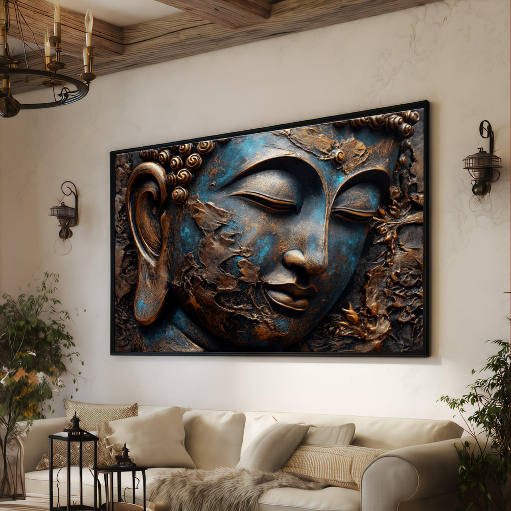 Bronze Buddha Face Canvas, Spiritual Zen Wall Art