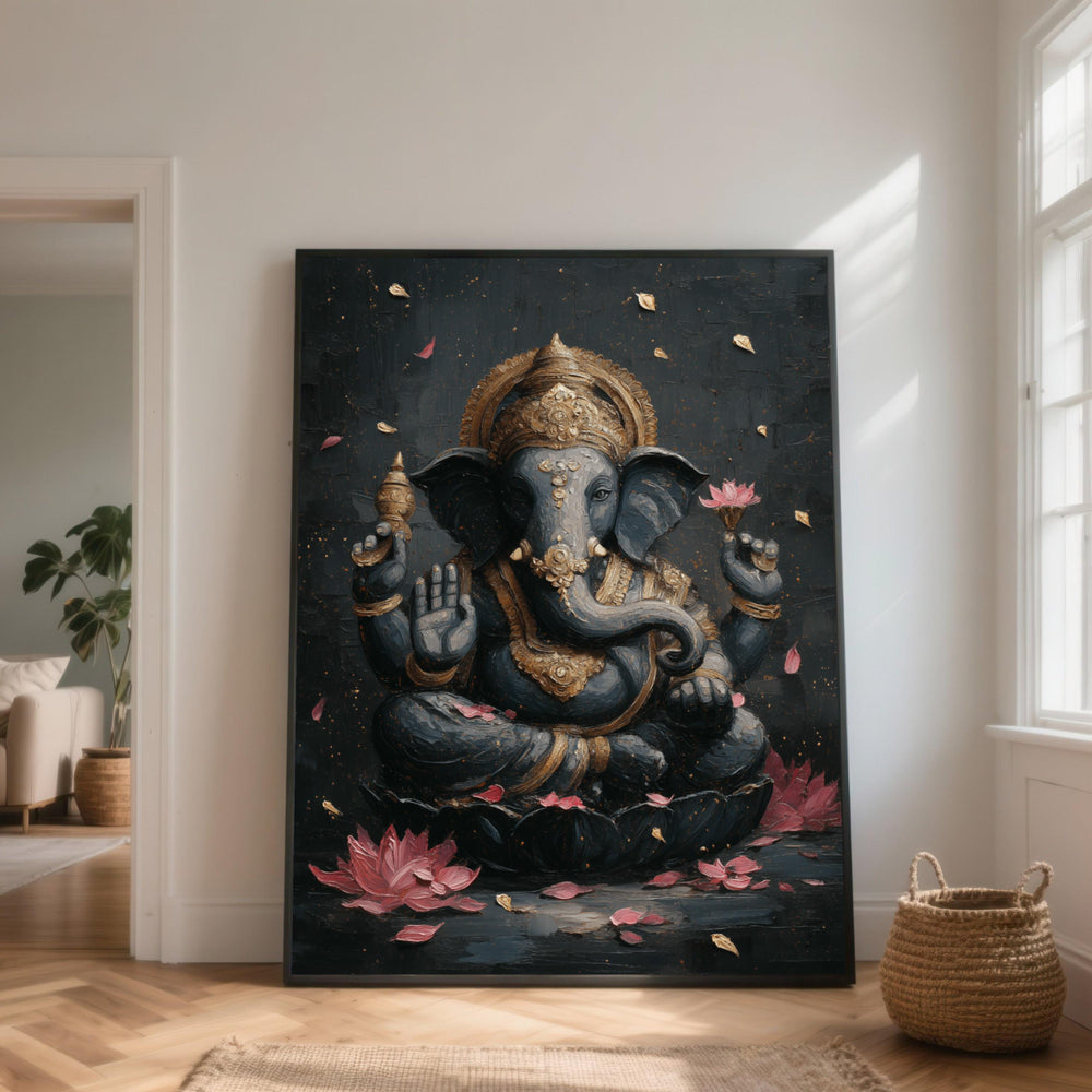 Ganesha Canvas Art, Hindu Elephant God, Lotus Flower Decor