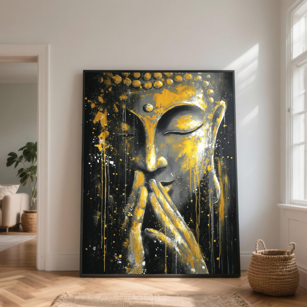 Golden Buddha Face Canvas Art, Abstract Meditation Portrait