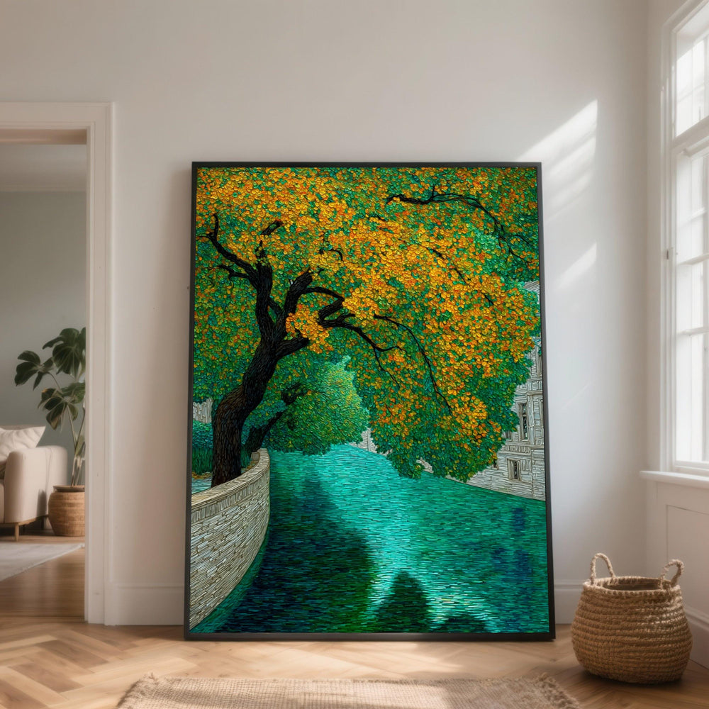 Autumn Tree Canvas Art, Serene River Landscape, Ready to Hang