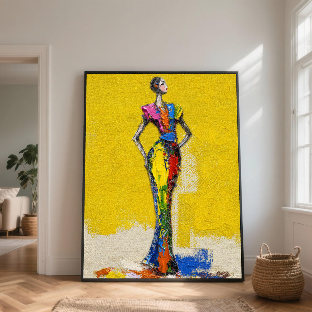 Abstract Fashion Figure Canvas Wall Art, Colorful Modern Woman Painting, Bright Yellow Background, Contemporary Home Decor, Ready to Hang