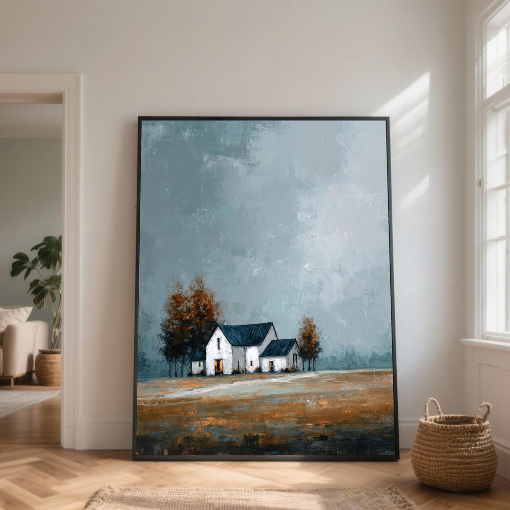 Tranquil Countryside Home Canvas, Autumn Landscape Wall Art, Modern Farmhouse Decor, Rustic Nature Painting, Cozy House Canvas Art