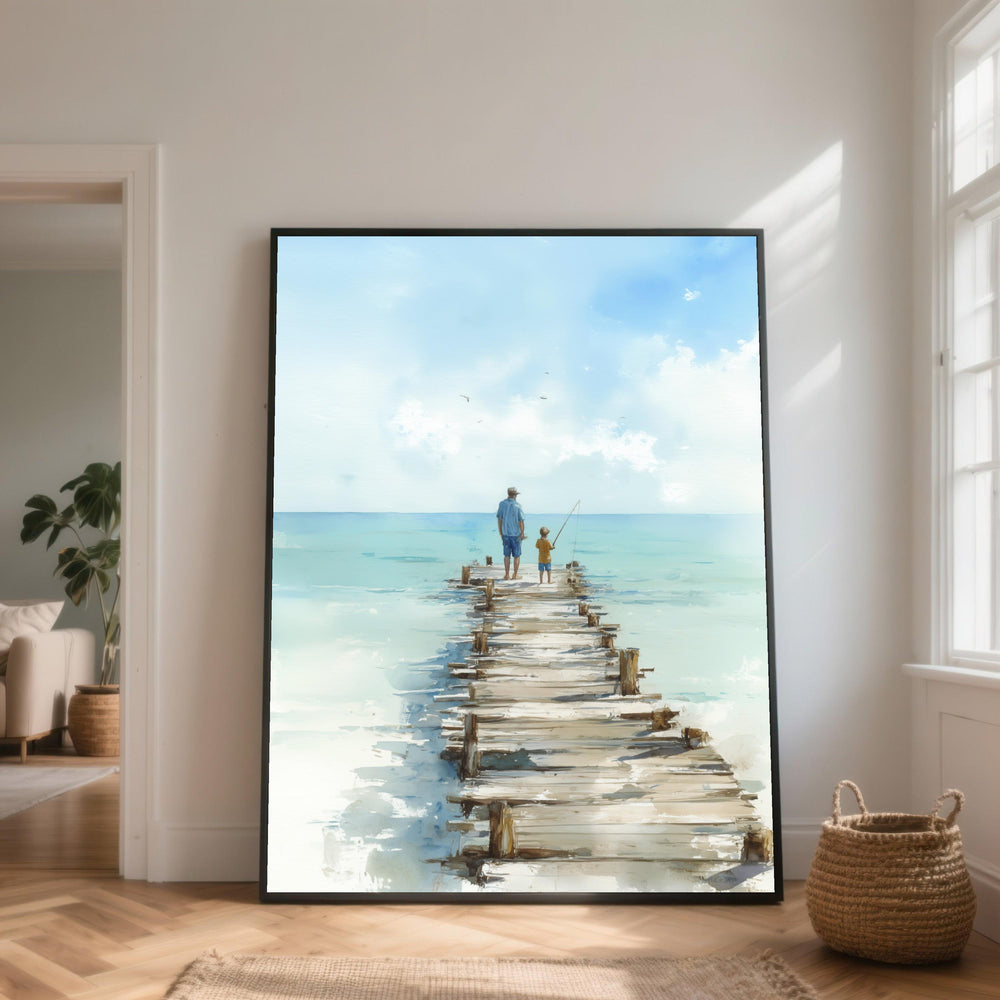 Father and Son Fishing Pier Canvas, Ocean View Art, Seaside Wall Decoration, Family Bonding Canvas, Tranquil Coastal Scene Print