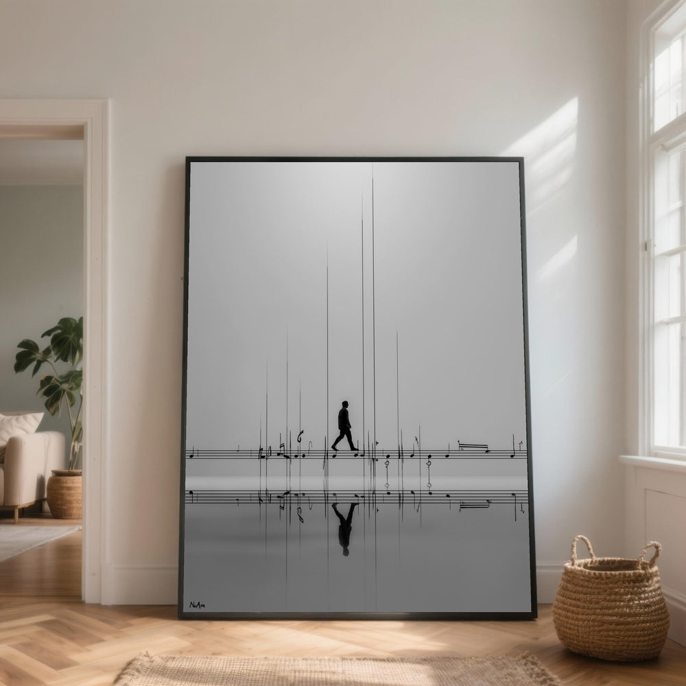 Surreal Music Notes Walk, Abstract Musical Canvas Wall Art, Modern Minimalist Home Decor, Reflective Soundwave Design, Unique Art Print