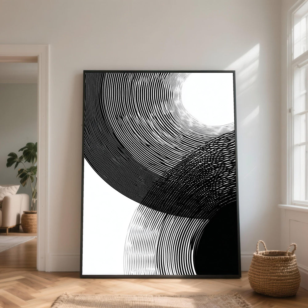 Modern Abstract Black and White Circles Canvas, Minimalist Geometric Wall Art, Contemporary Home Decoration, Graphic Line Pattern Canvas