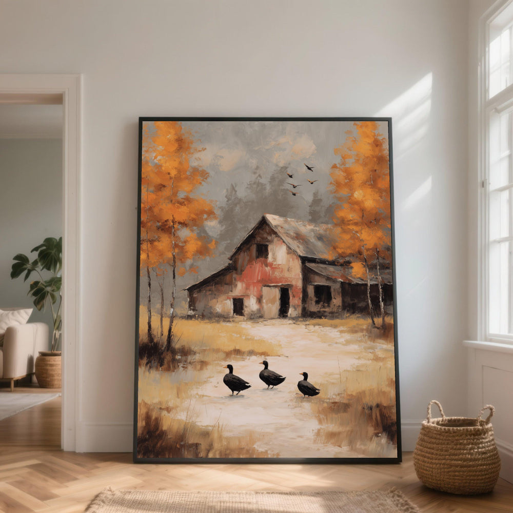 Rustic Autumn Barn Canvas Wall Art, Vintage Farmhouse Scene, Orange Fall Trees Painting, Country Landscape Canvas, Cozy Home Decor