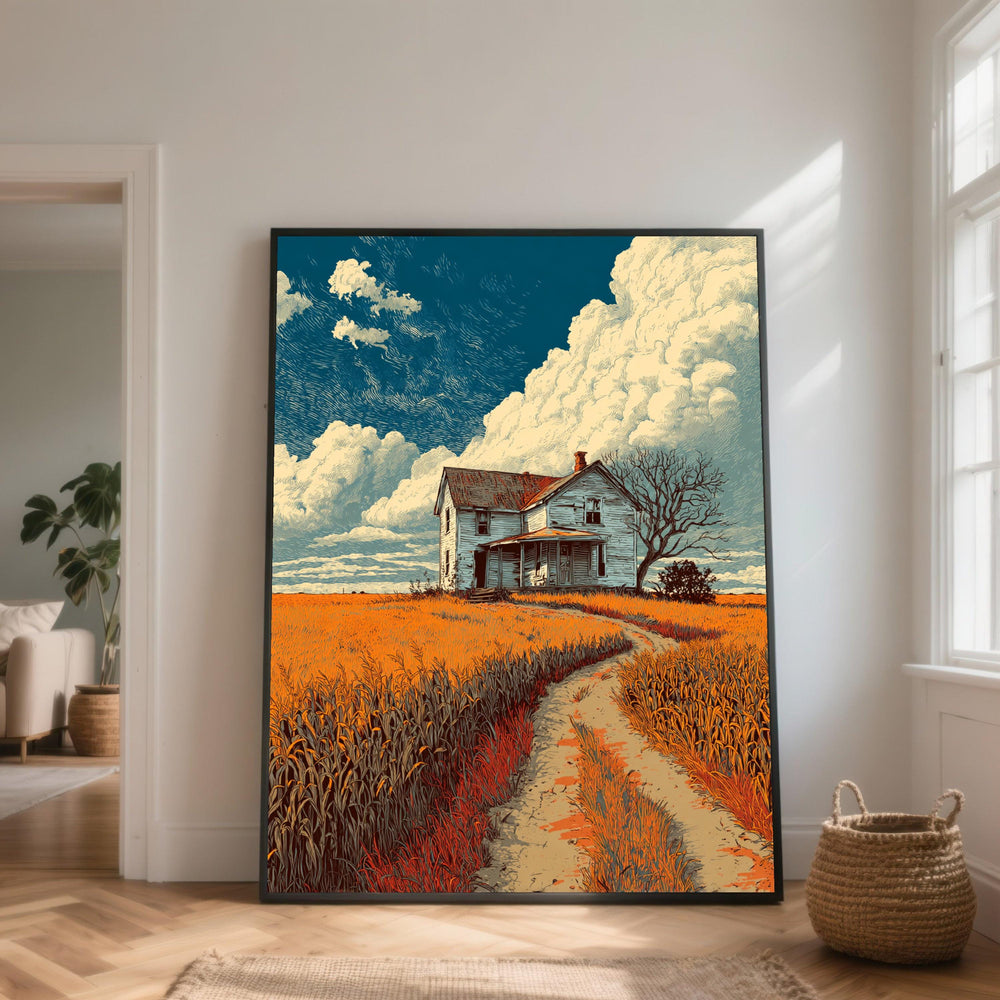 Rustic Farmhouse Canvas Wall Art, Autumn Field Landscape, Vintage Rural Home, Country Road Wall Decor, Cozy Homestead Canvas Print