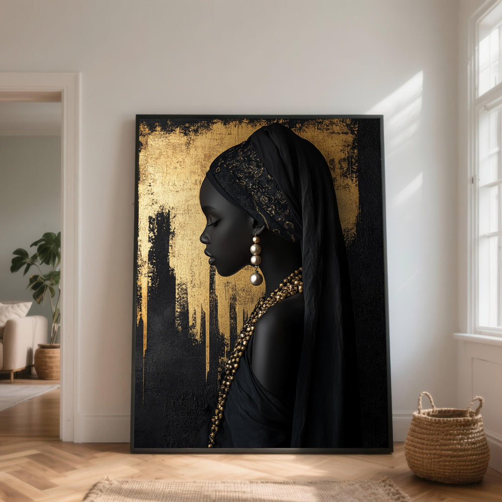 African Woman Portrait Canvas, Black and Gold Ethnic Wall Art