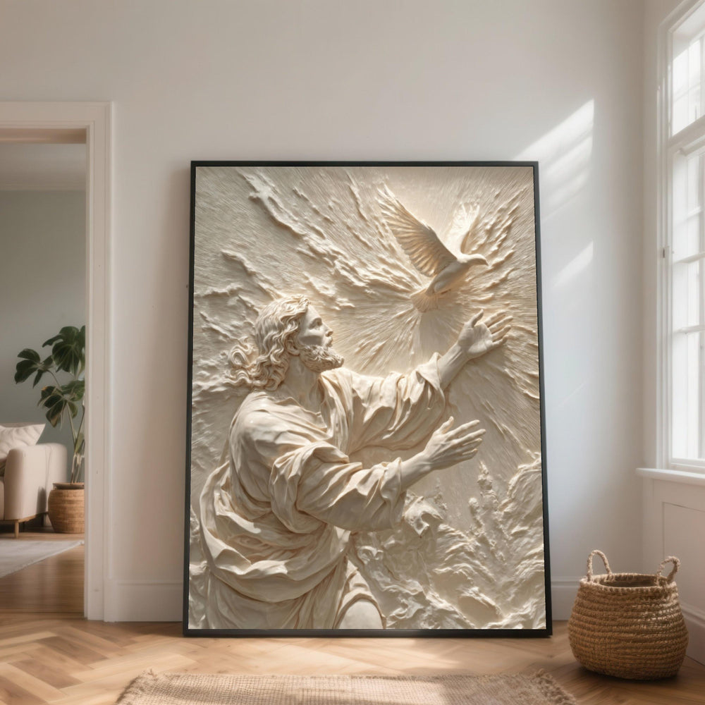 Jesus Releasing Dove Canvas Art, Religious Sculpture Design