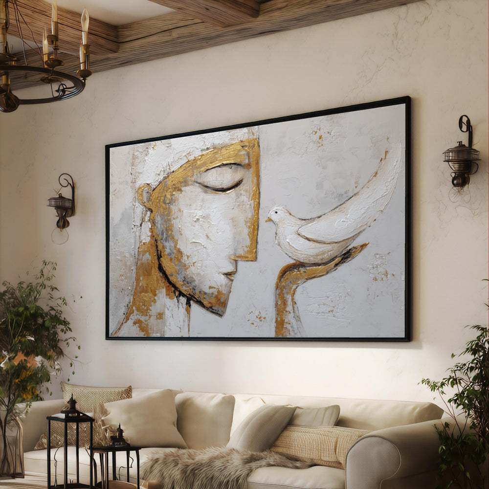Buddha Face Canvas Art, Gold White Abstract, Spiritual Decor