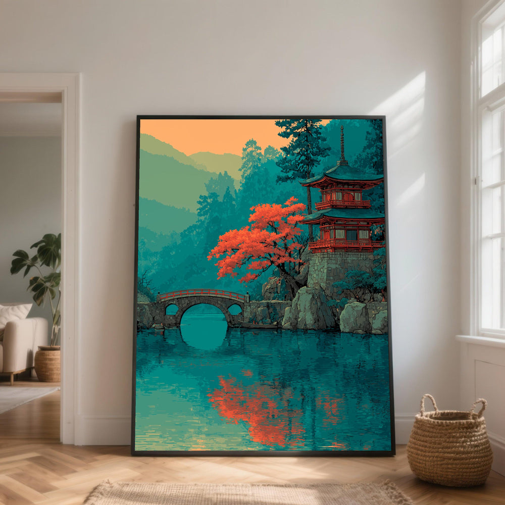 Japanese Pagoda Canvas Print, Autumn Maple Tree, Zen Decor